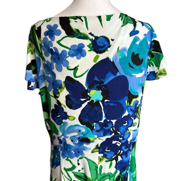 Lauren Ralph Lauren Cannes Blue Floral Flutter Sleeve Matte Jersey Dress Sz 14W - Picture 17 of 17